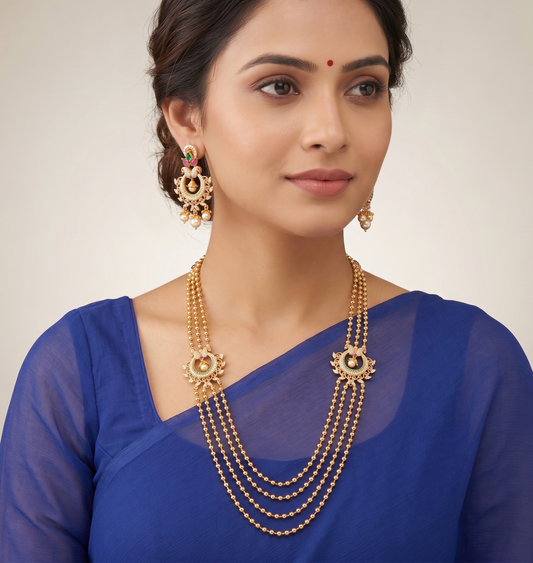 Gold tone multilayer cz ruby-emerald peacock mugappu necklace set dj-08857