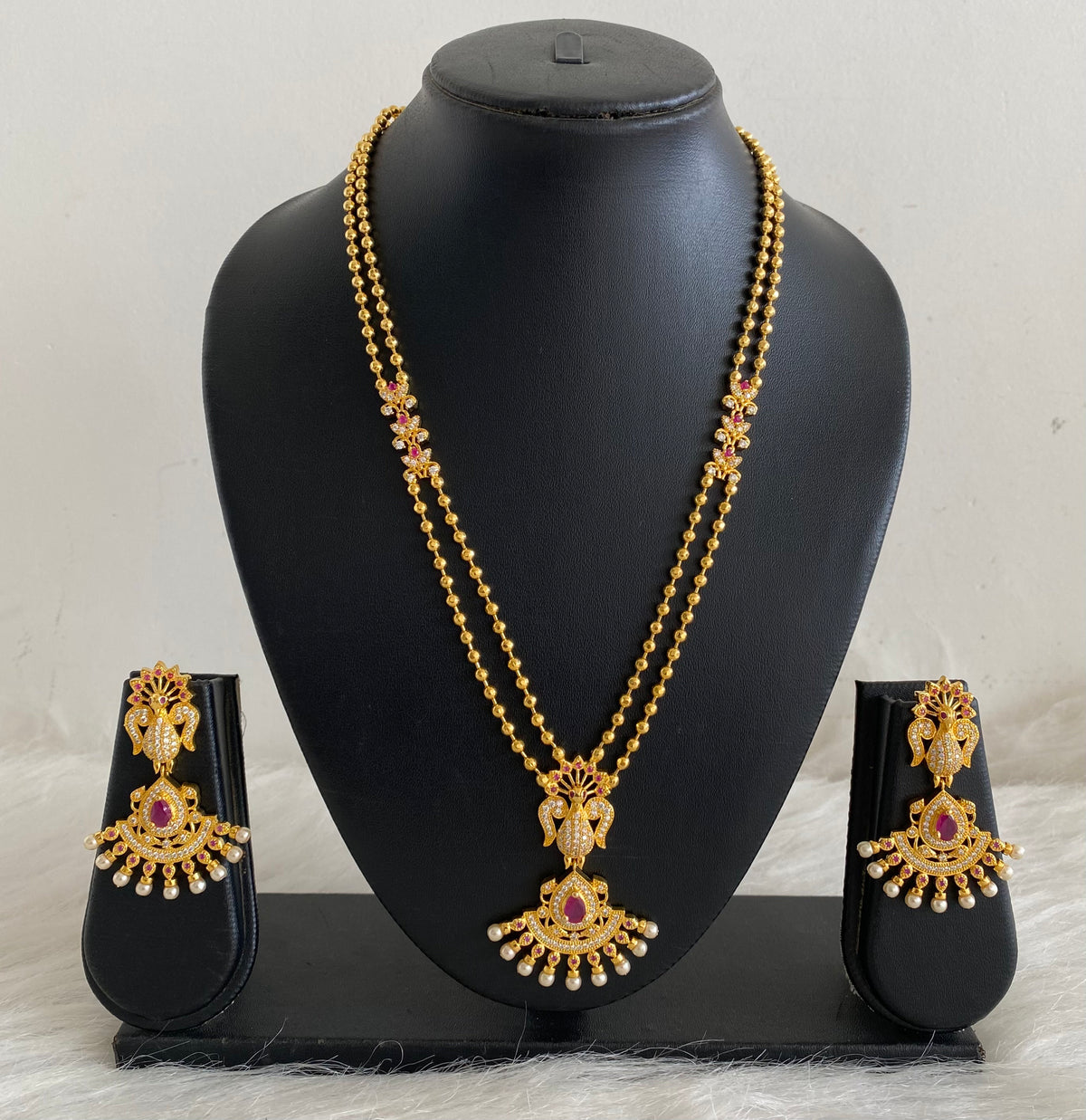 Royal Gold Tone Multilayer Cz Ruby Peacock Necklace Set-dj08860