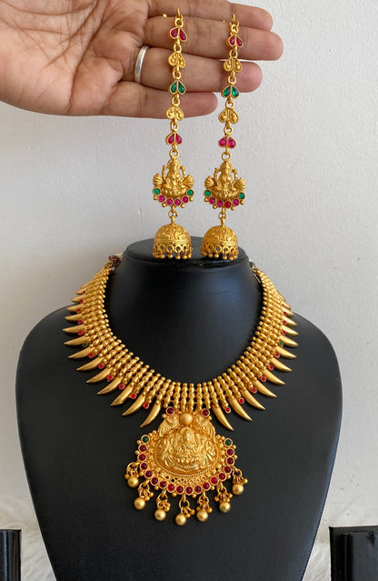 Beautiful Matte Finish Royal Kemp-green Lakshmi Necklace Set-dj08872