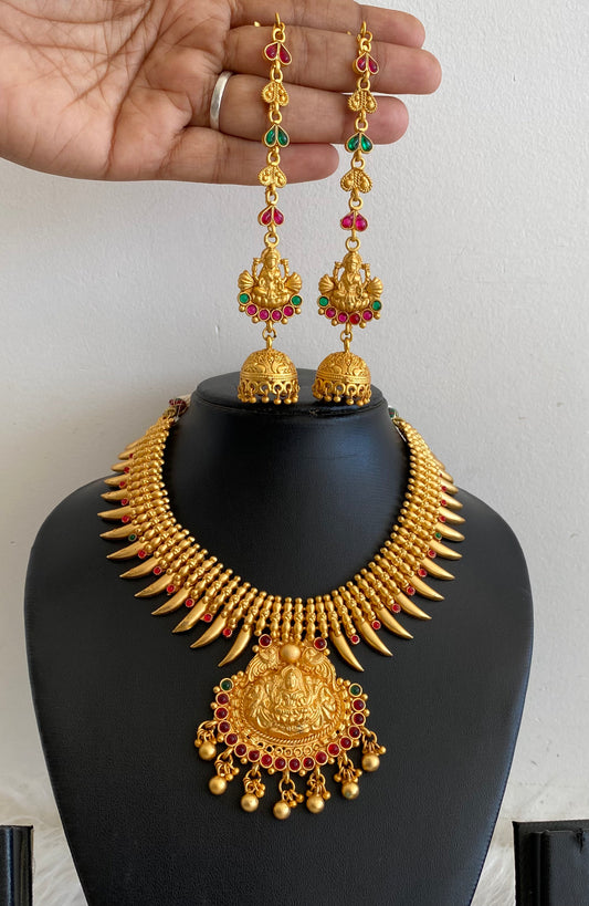 Beautiful Matte Finish Royal Kemp-green Lakshmi Necklace Set-dj08872