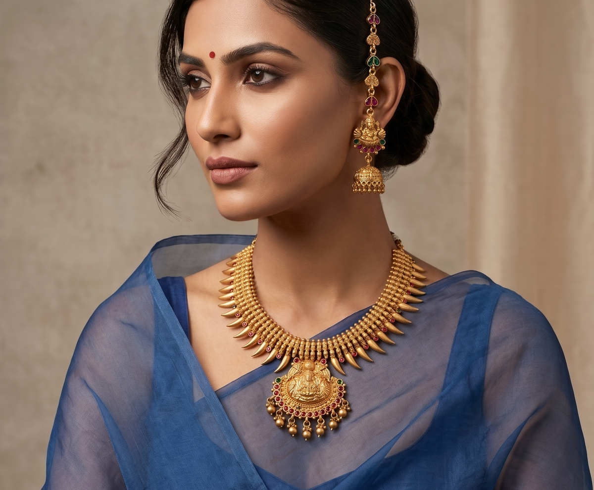 Beautiful Matte Finish Royal Kemp-green Lakshmi Necklace Set-dj08872