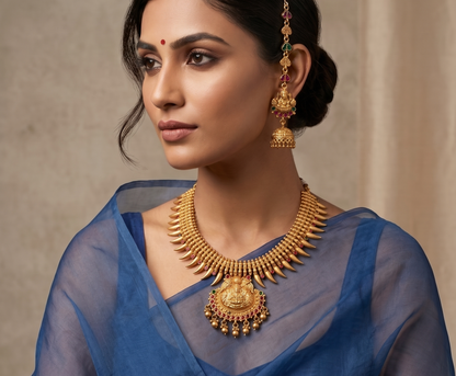 Beautiful Matte Finish Royal Kemp-green Lakshmi Necklace Set-dj08872