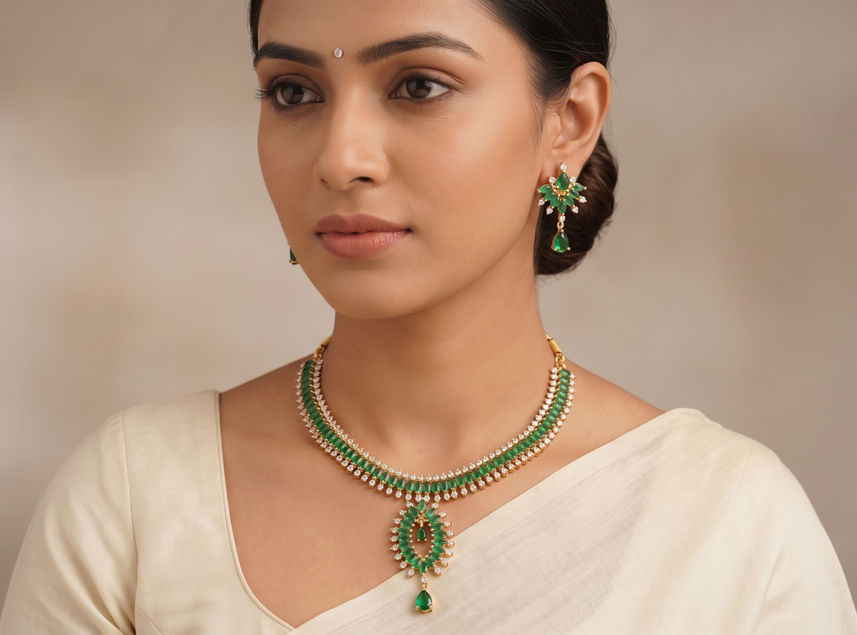 Beautiful Gold Tone Bottle Green Necklace Set-dj08882