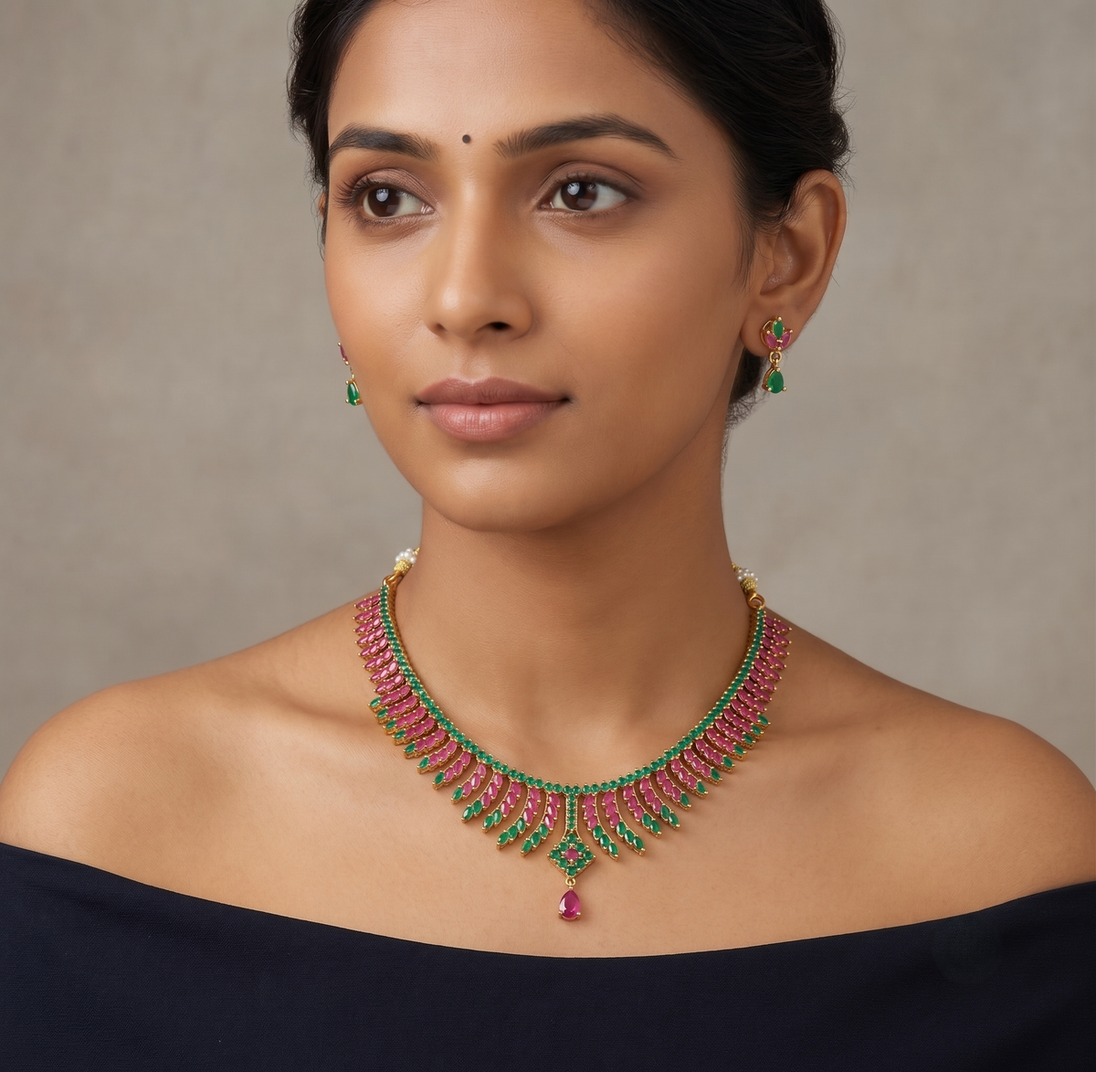 Beautiful Gold Tone Ruby-emerald Necklace Set-dj08885