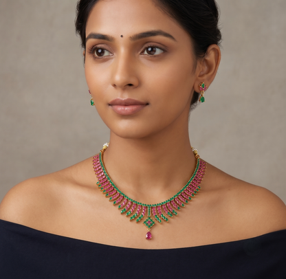 Beautiful Gold Tone Ruby-emerald Necklace Set-dj08885