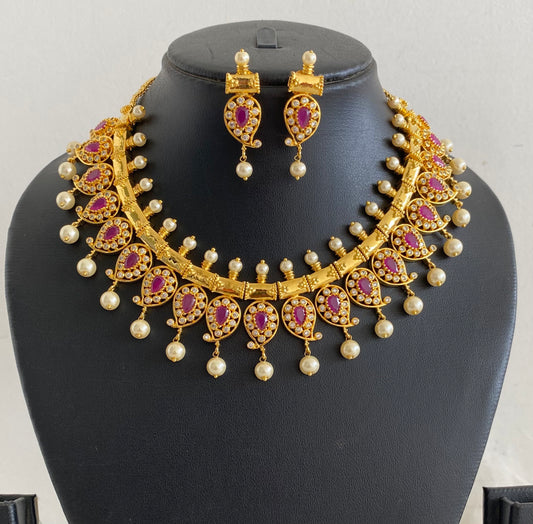 Beautiful Gold Tone Ruby Mango Necklace Set-dj08887