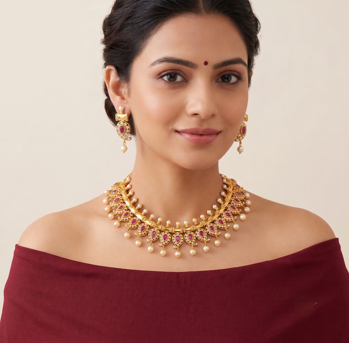 Beautiful Gold Tone Ruby Mango Necklace Set-dj08887