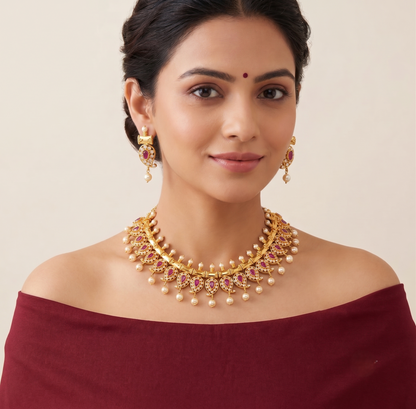 Beautiful Gold Tone Ruby Mango Necklace Set-dj08887