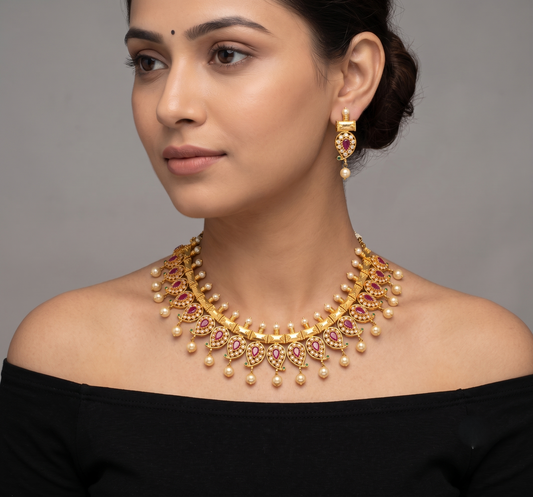 Beautiful Gold Tone Ruby-emerald Mango Necklace Set-dj08888