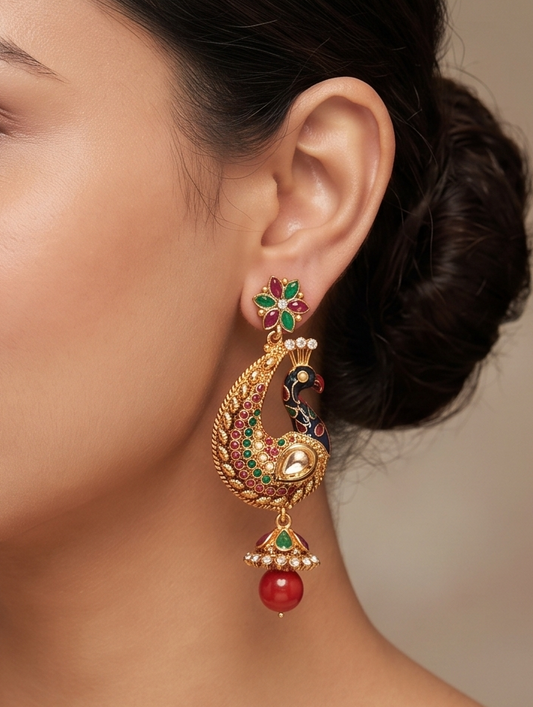 Beautiful Antique Kemp-green Peacock Jhumkka -dj08948