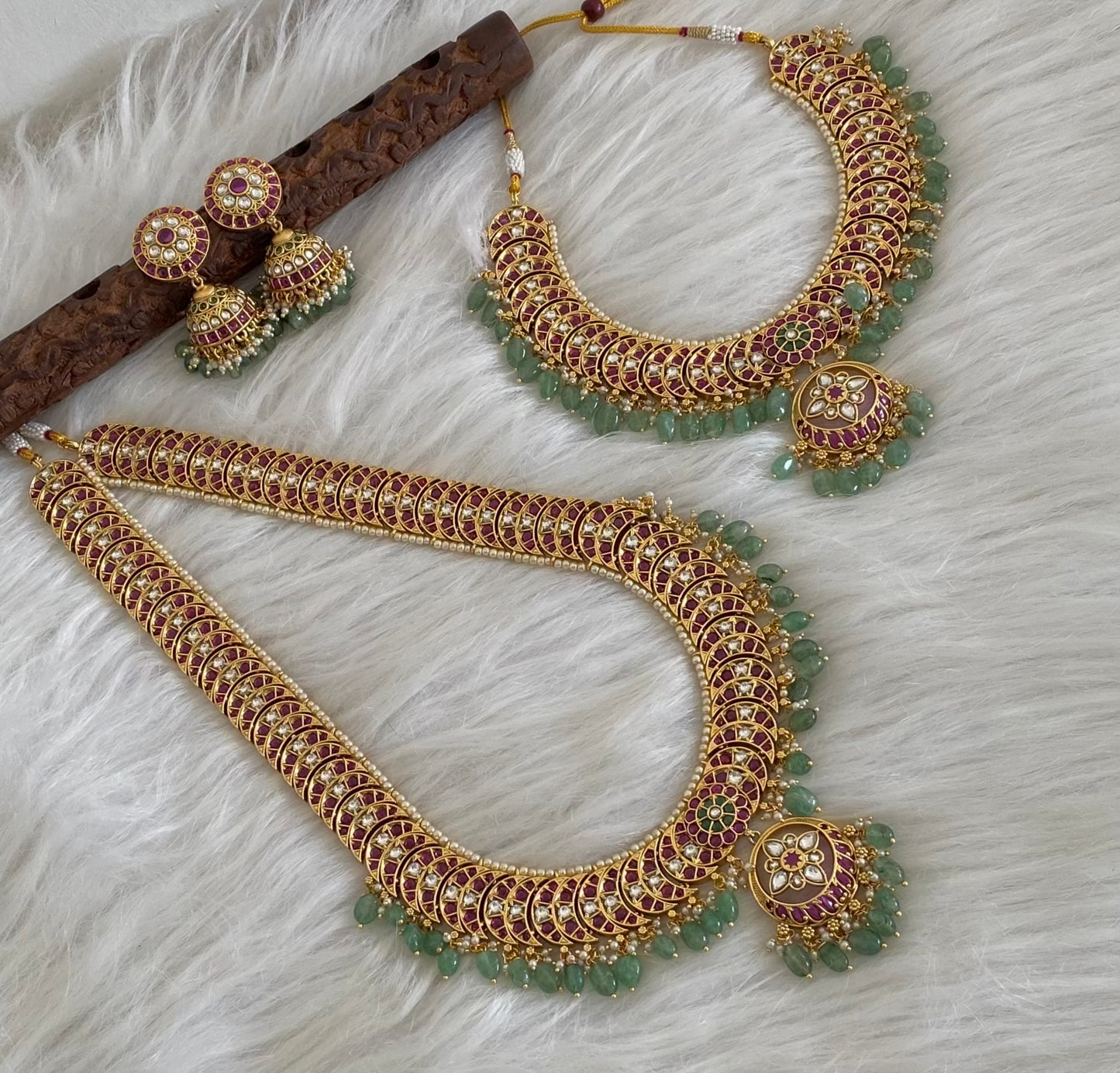 Antique gold tone kundan jadau pearl green beaded bridal set dj-54603