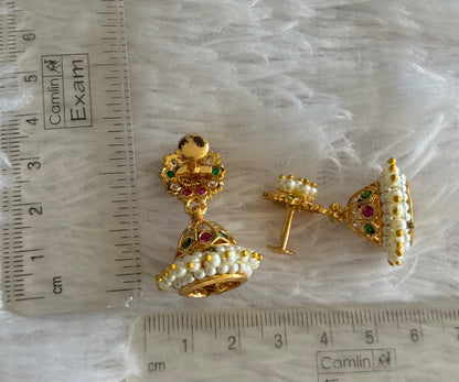 Gold tone ad pink-green-white stone pearl jhumkka dj-46017