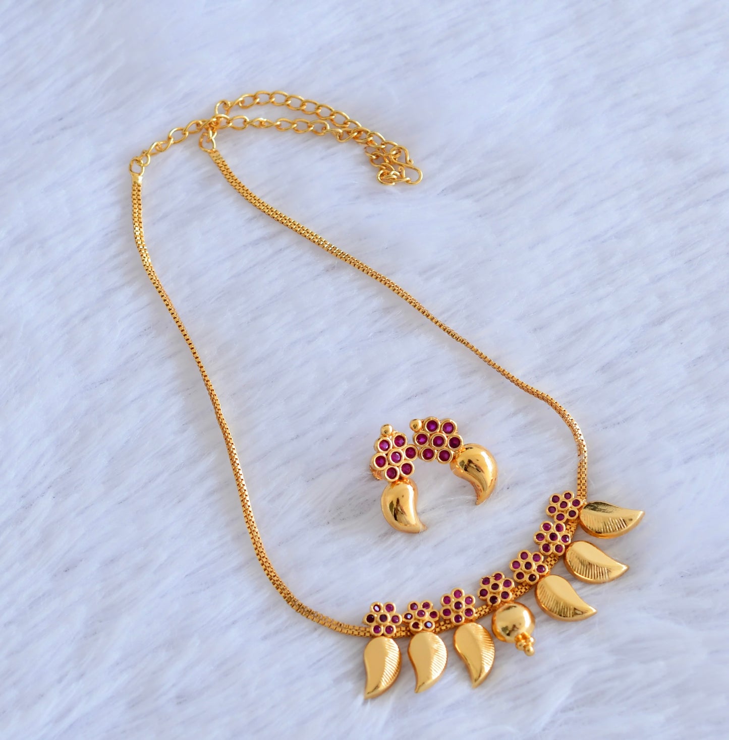 Gold tone pink flower stone mango necklace set dj-53084