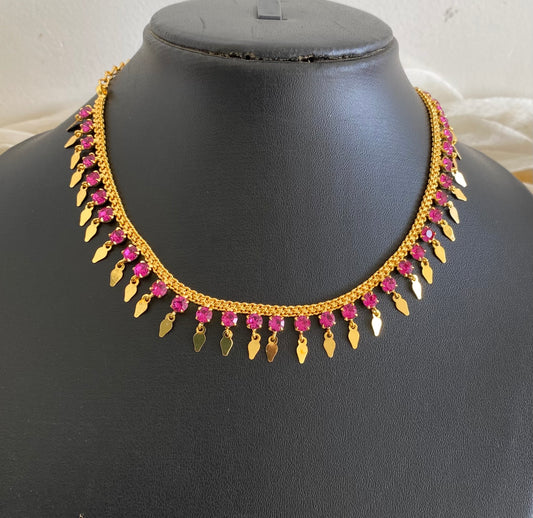 Gold tone pink stone elakka thali choker necklace  dj-53105