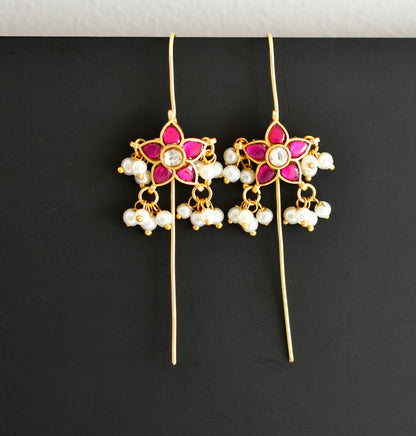 Gold tone pink-white kundan jadau flower bugadi needle earrings dj-52460