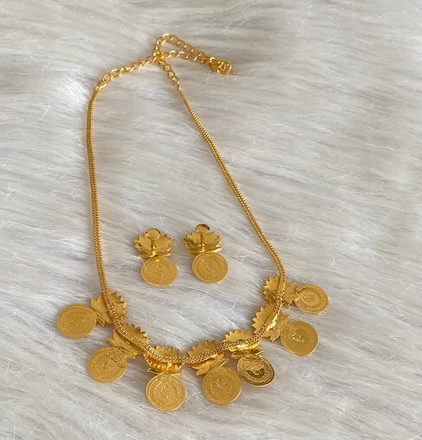 Gold tone pink stone lakshmi coin lotus necklace set dj-54120