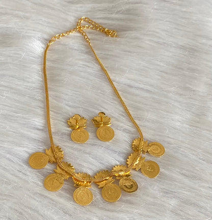 Gold tone pink stone lakshmi coin lotus necklace set dj-54120