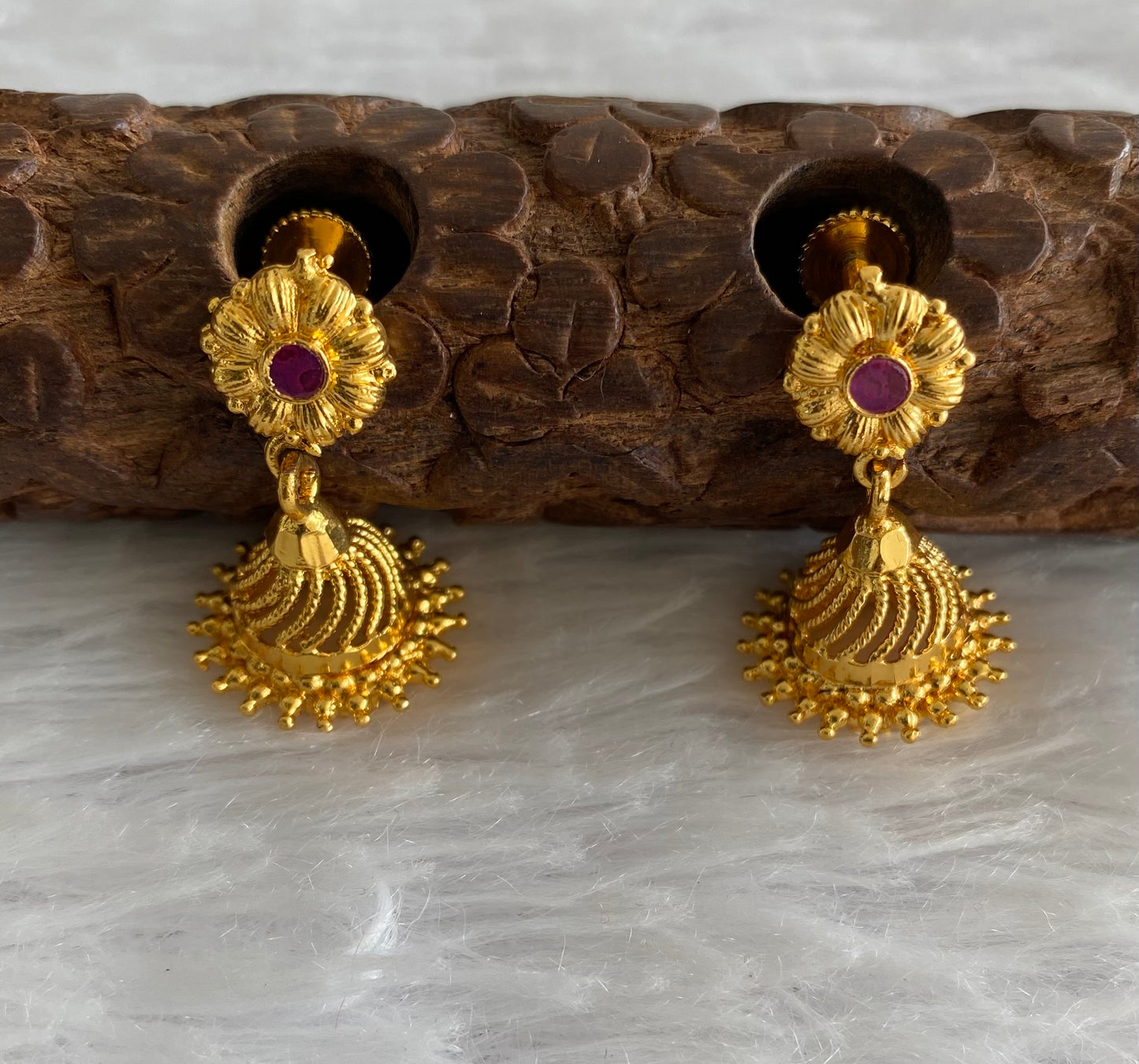 Gold tone pink stone flower screw back  jhumkka-dj52894