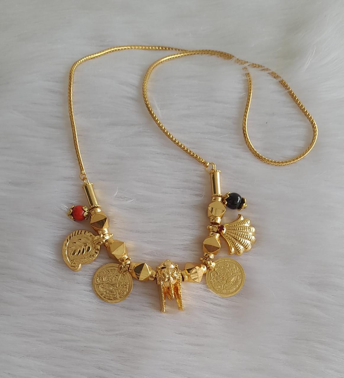 Gold tone coral-black bead mango lakshmi coin thiru mangalyam with 18 inches chain dj-43377