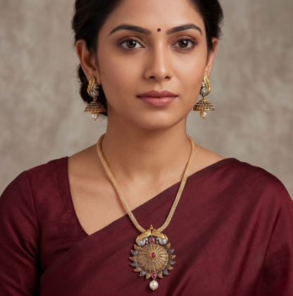 Two Tone Ruby Peacock Pendant Set-dj09002