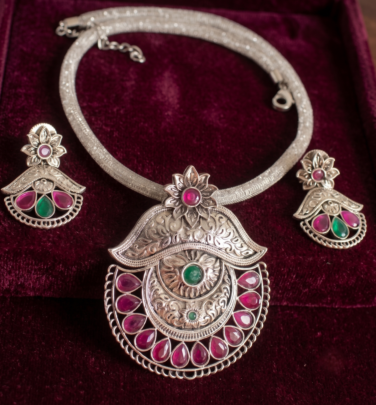 Silver Tone Ruby-emerald Peacock Necklace Set-dj09007