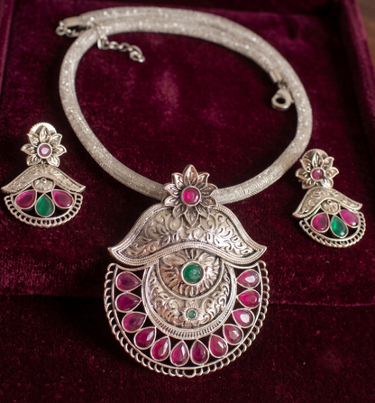Silver Tone Ruby-emerald Peacock Necklace Set-dj09007