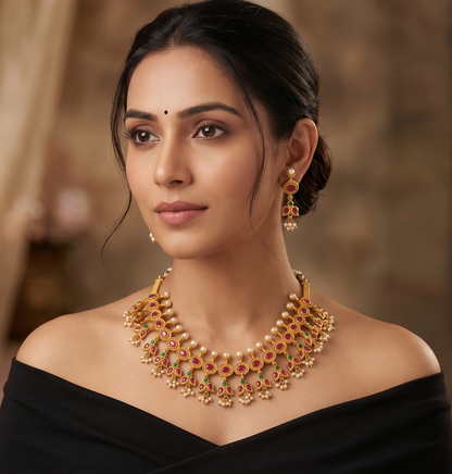 Matte finish ruby-emerald gutta pusalu necklace set dj-09014