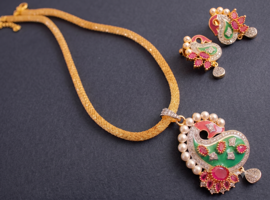 Two tone Cz Meenakari Ruby Mango Pendant chain Set-dj09042