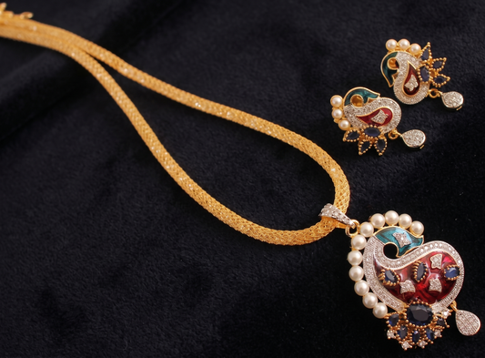 Two Tone Cz Meenakari Maroon-blue Mango Pendant chain Set-dj09043