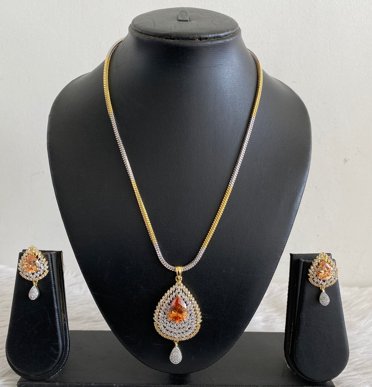 Two Tone Cz Gold stone Pendant with chain Set-dj09050
