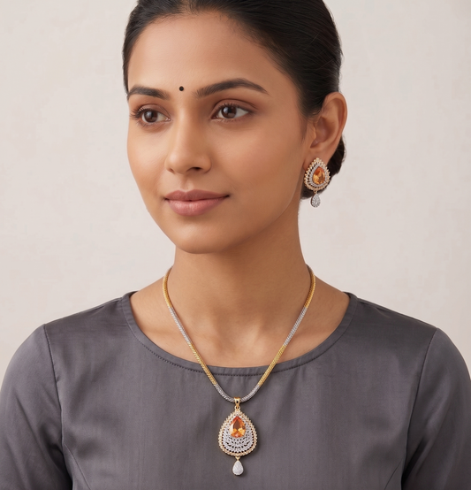 Two Tone Cz Gold stone Pendant with chain Set-dj09050