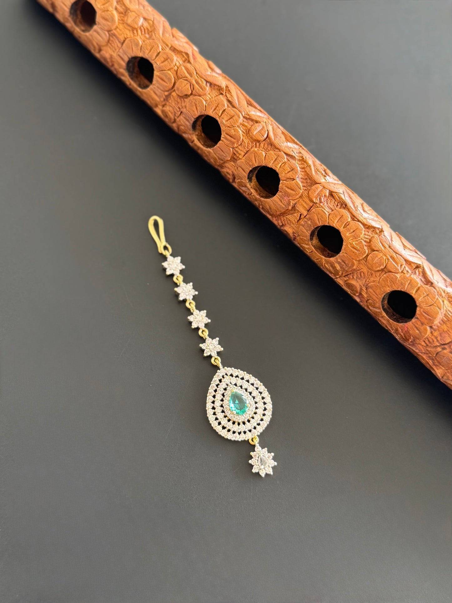 Two tone cz-peacock green thilak stone tikka dj-51370