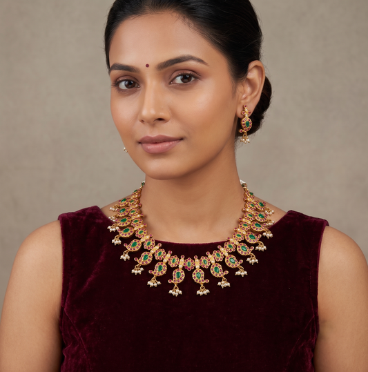 Matte finish ruby-emerald mango necklace set dj-09111