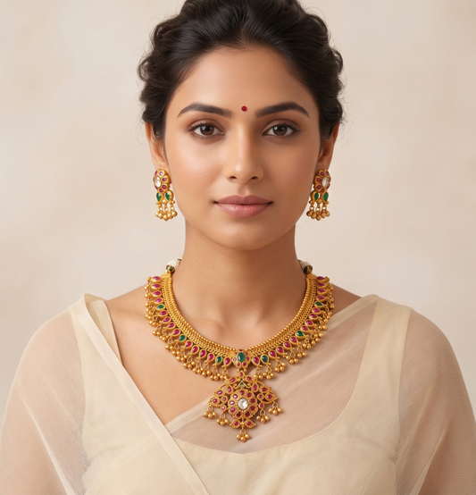 Matte finish ruby-emerald mango necklace set dj-09112