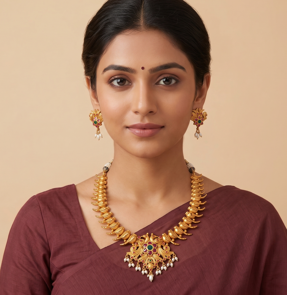 Matte Finish Ruby-emerald Parrot Necklace With Screw Type Earrings-dj09113
