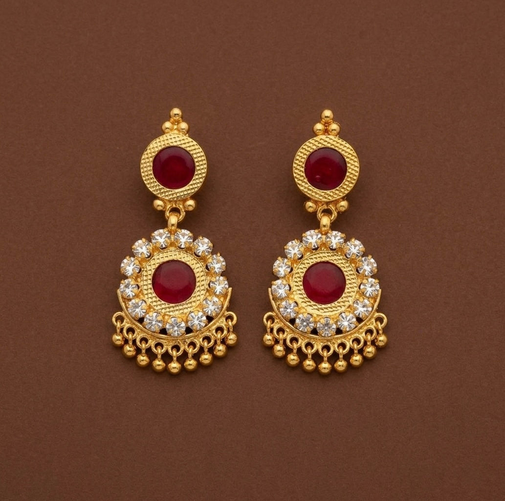 Gold tone round red-white stone kerala style earrings dj-53123
