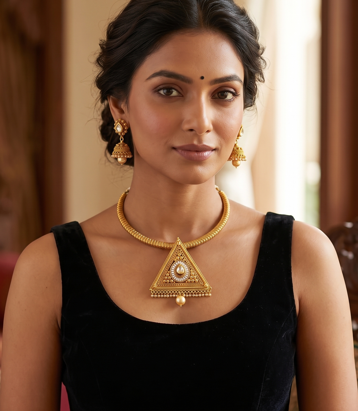 Antique gold tone White Triangle Polki hasli Necklace Set-dj09149