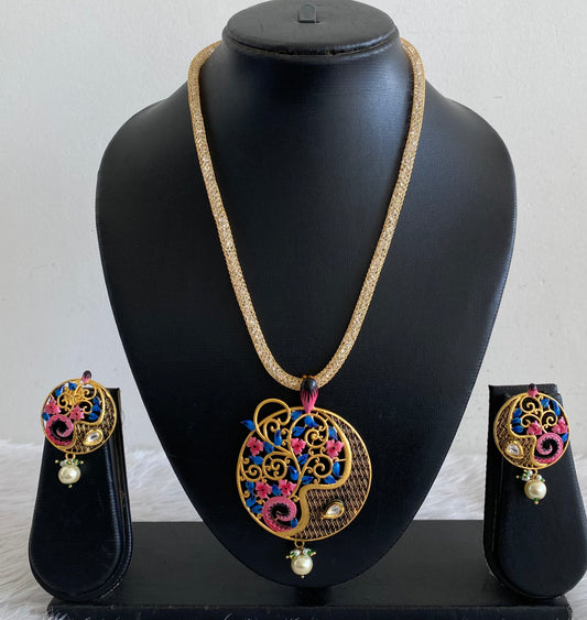 Matte Finish Pink-blue Meenakari flower Pendant Set-dj09150