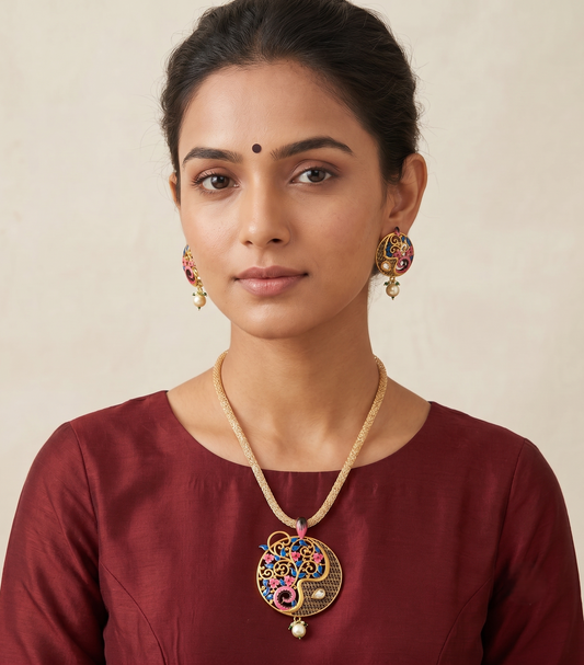 Matte Finish Pink-blue Meenakari flower Pendant Set-dj09150