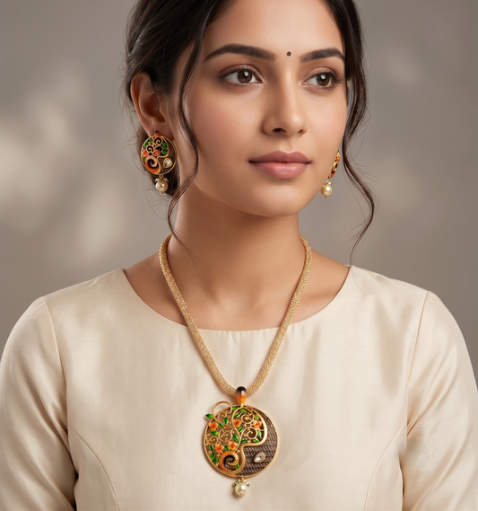 Matte Finish Orange-green Meenakari flower Pendant Set-dj09151