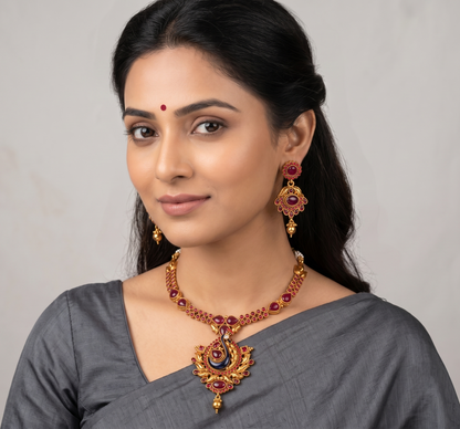 Royal Antique Kemp Meenakari Peacock Necklace Set-dj09163