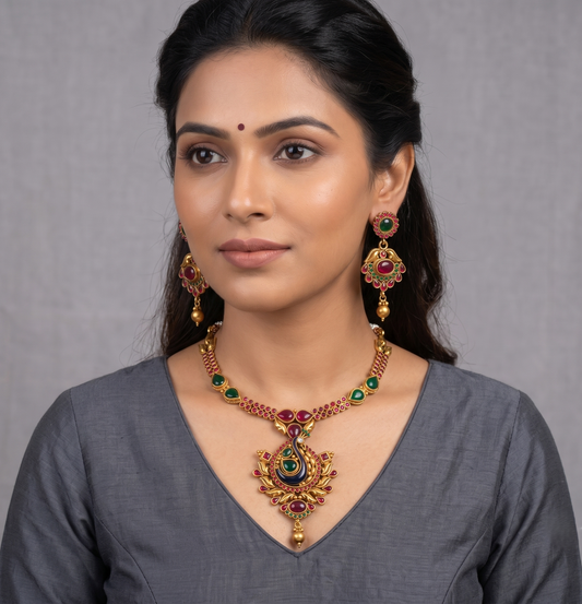 Antique Kemp-green Meenakari Peacock Necklace Set-dj09164