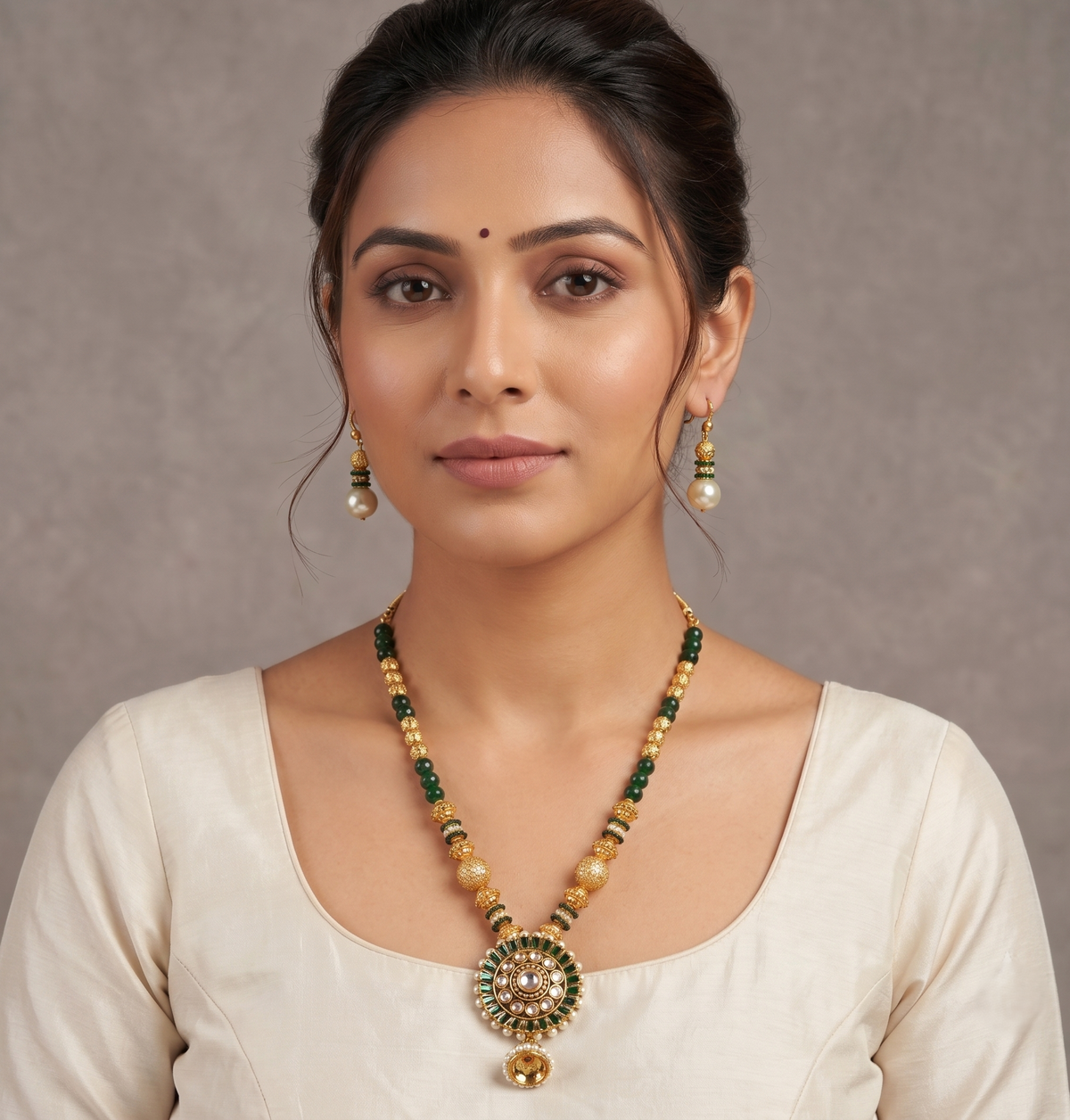 Antique gold tone Green Round Jhumkka Pendant Necklace Set-dj09171