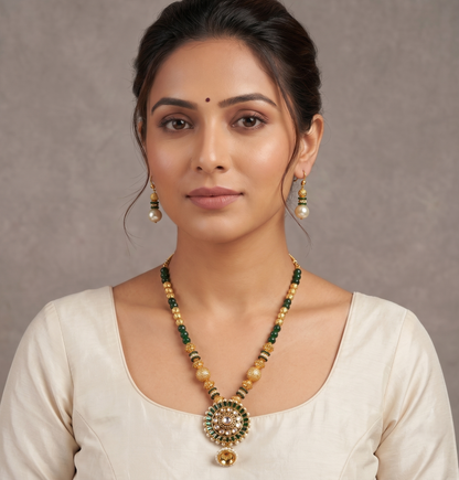 Antique gold tone Green Round Jhumkka Pendant Necklace Set-dj09171