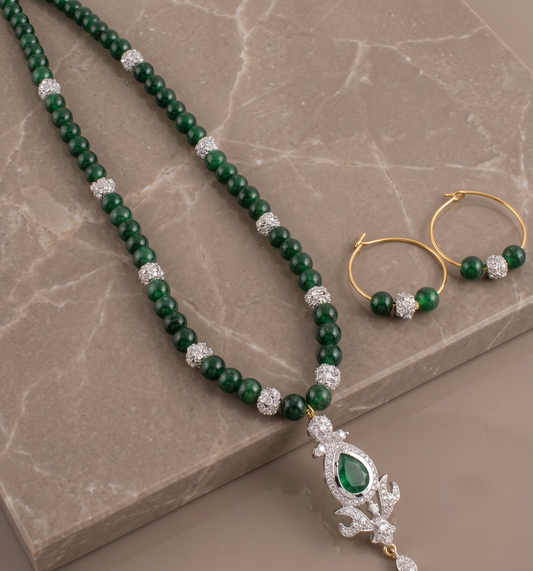 Two Tone Cz-green beaded Necklace Set-dj09174