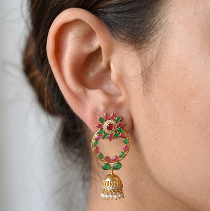 Gold Tone Ruby-emerald Flower Bali Jhumkka  dj-09185