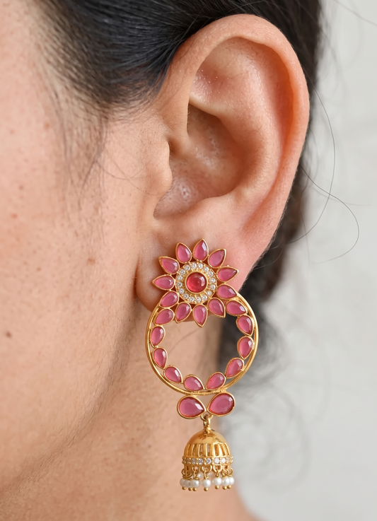Gold Tone Ruby Flower Bali Jhumkka dj-09186