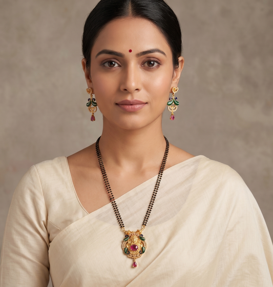 Gold Tone Cz Ruby Meenakari Lakshmi Mangalsutra Set-dj09192