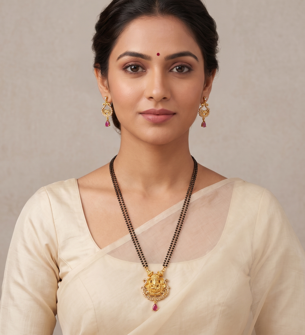 Gold Tone Cz Ruby Lakshmi Mangalsutra set dj-09193