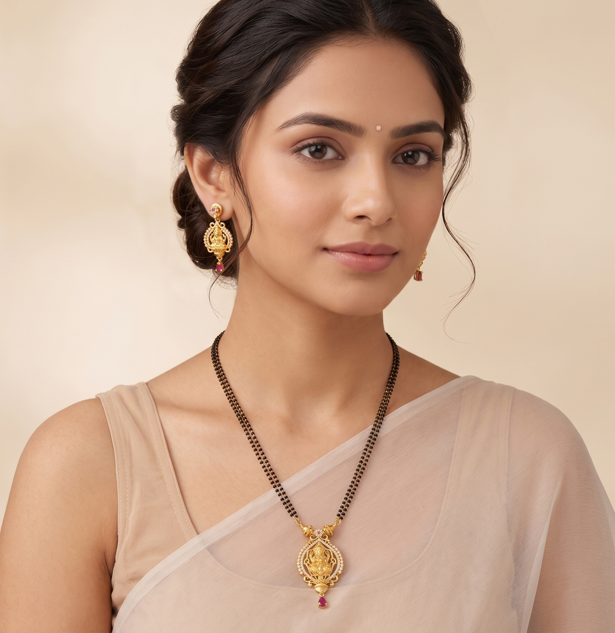 Gold Tone Cz Ruby Lakshmi Mangal Sutra Set dj-09194